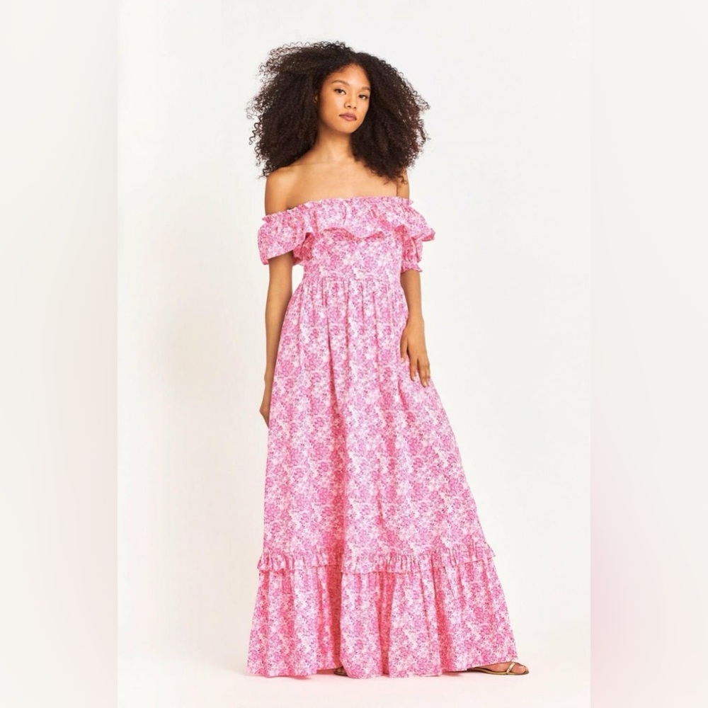 Love Shack Fancy Dress $525 pink on or off shoulder long and flowy cotton ruffle